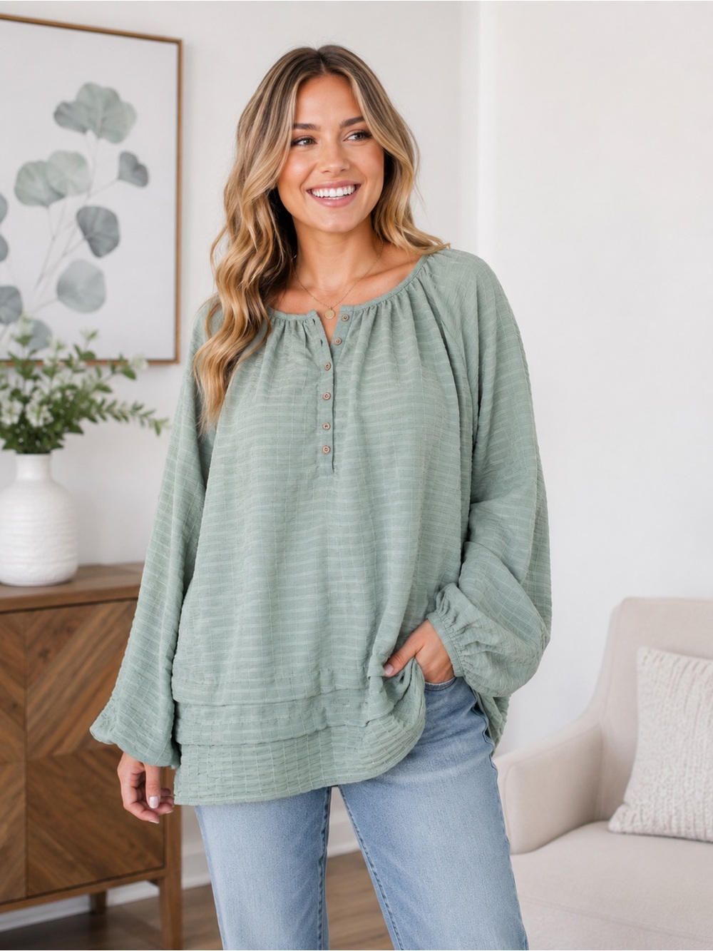 Relaxed Sage Button-Henley Women's Top